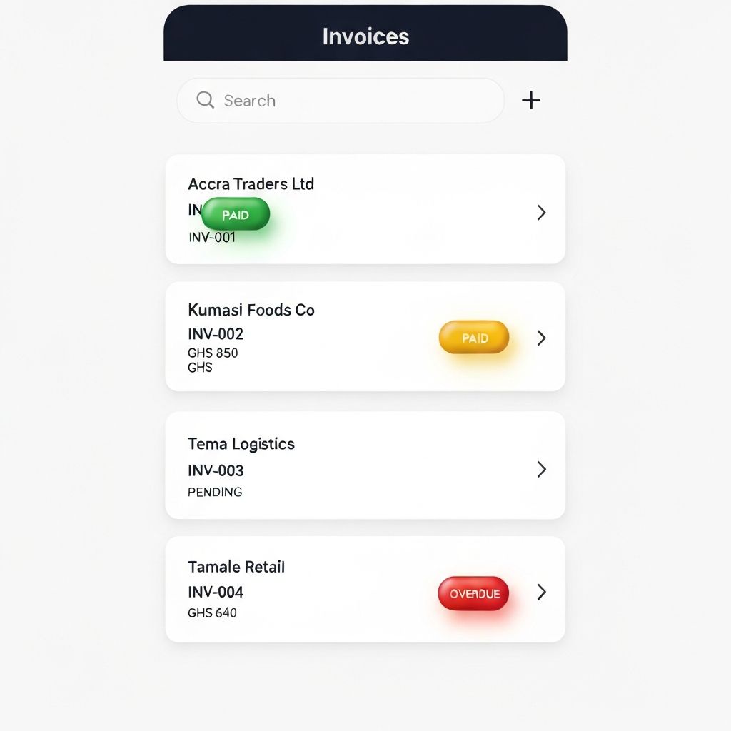 Mali Up invoicing screen with paid and pending invoice list